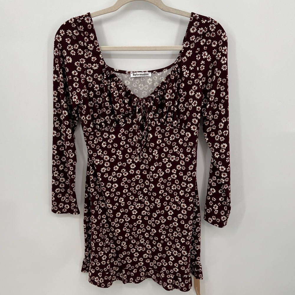 Reformation Angeline knit maroon and white floral mini dress
